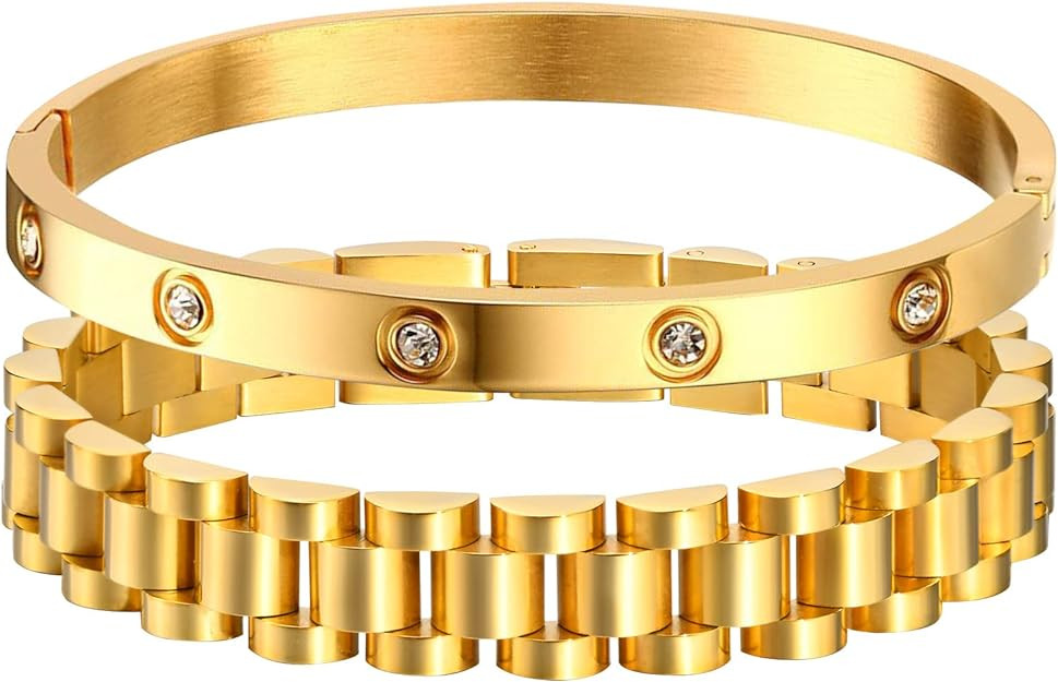 MPRAINBOW 2pcs Gold Chain Link Bracelet, Stainless Steel Crystal Friendship Bracelets Bangle,Watc... | Amazon (US)