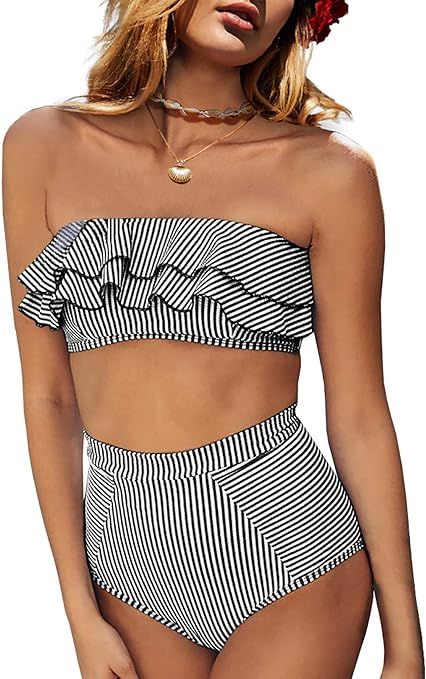 Misassy Womens Flounce Bandeau Bikini Top High Waisted Cheeky Swimsuit Bottom 2 Piece Bathing Sui... | Amazon (US)