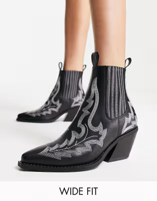 ASOS DESIGN Wide Fit Roxanne contrast stitch western boots in black | ASOS (Global)