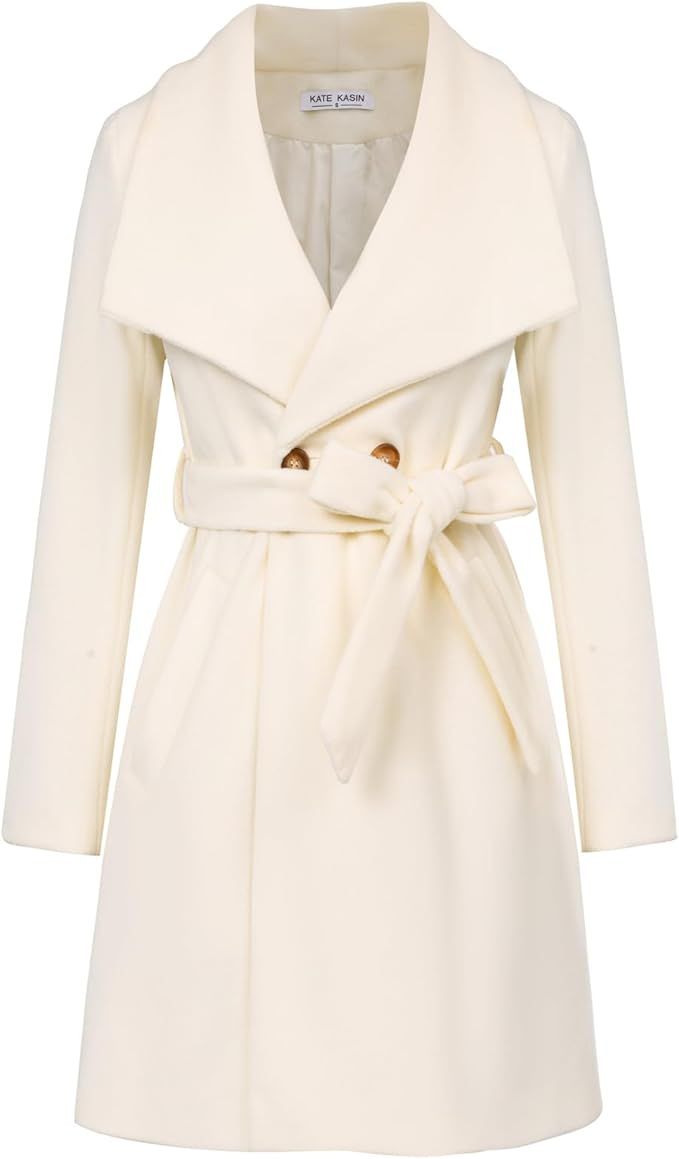 Kate Kasin Women Dress Coat Belted Mid Long Peacoat Trench Coats Slim Overcoat Fall Winter Fashio... | Amazon (US)