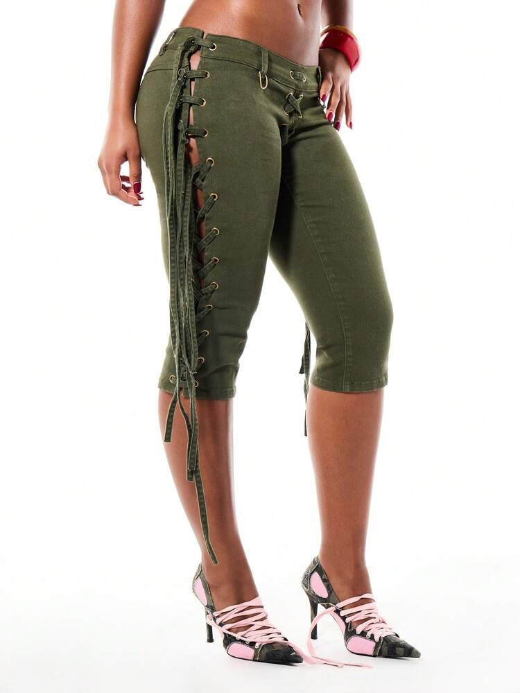 SUMWON WOMEN Low Rise Capri Pants With Side Lace-Up Detail Metal Eyelets And Fringe Ties Cropped ... | SHEIN
