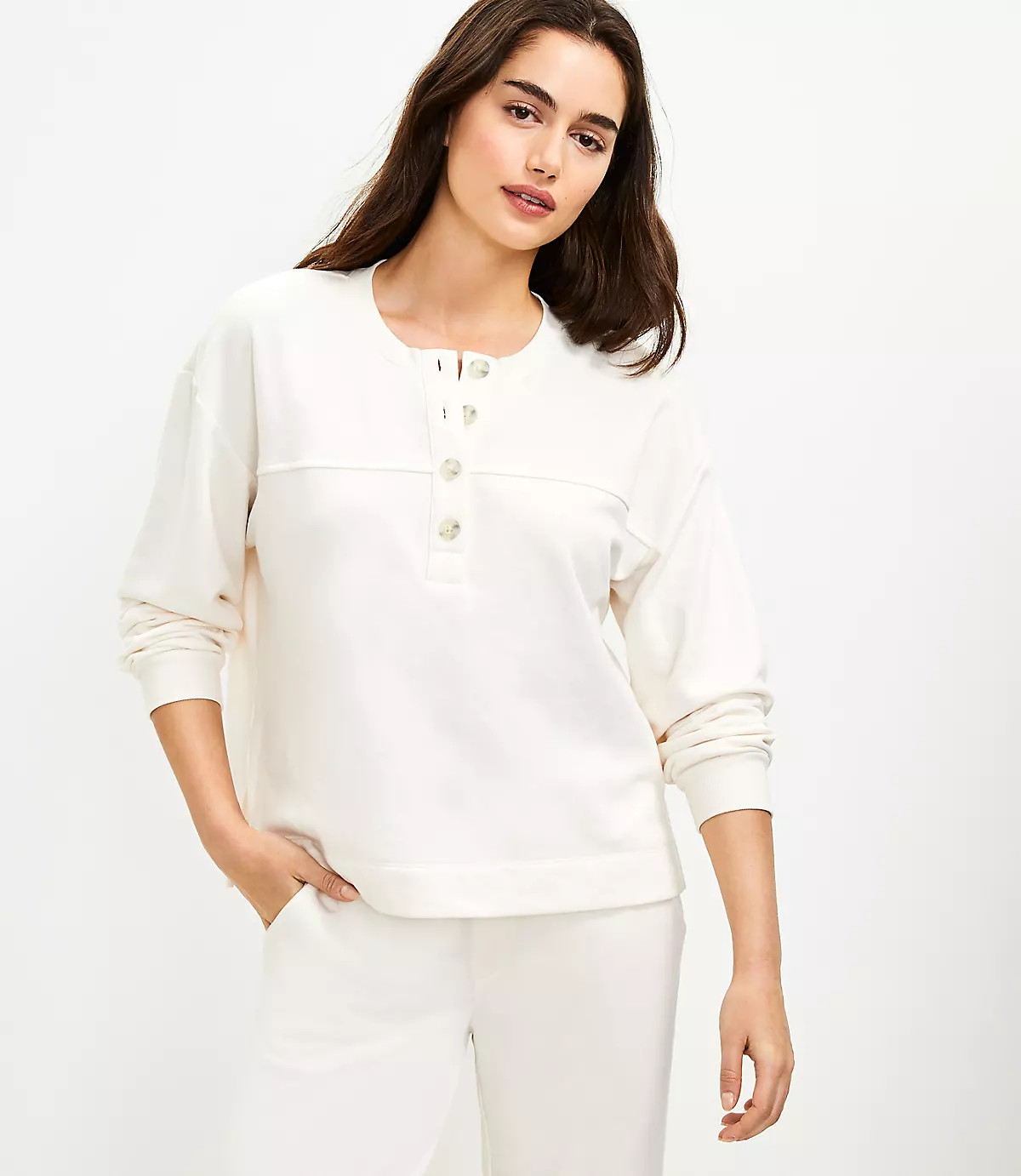 Lou & Grey Cozy Cotton Terry Henley Sweatshirt | LOFT