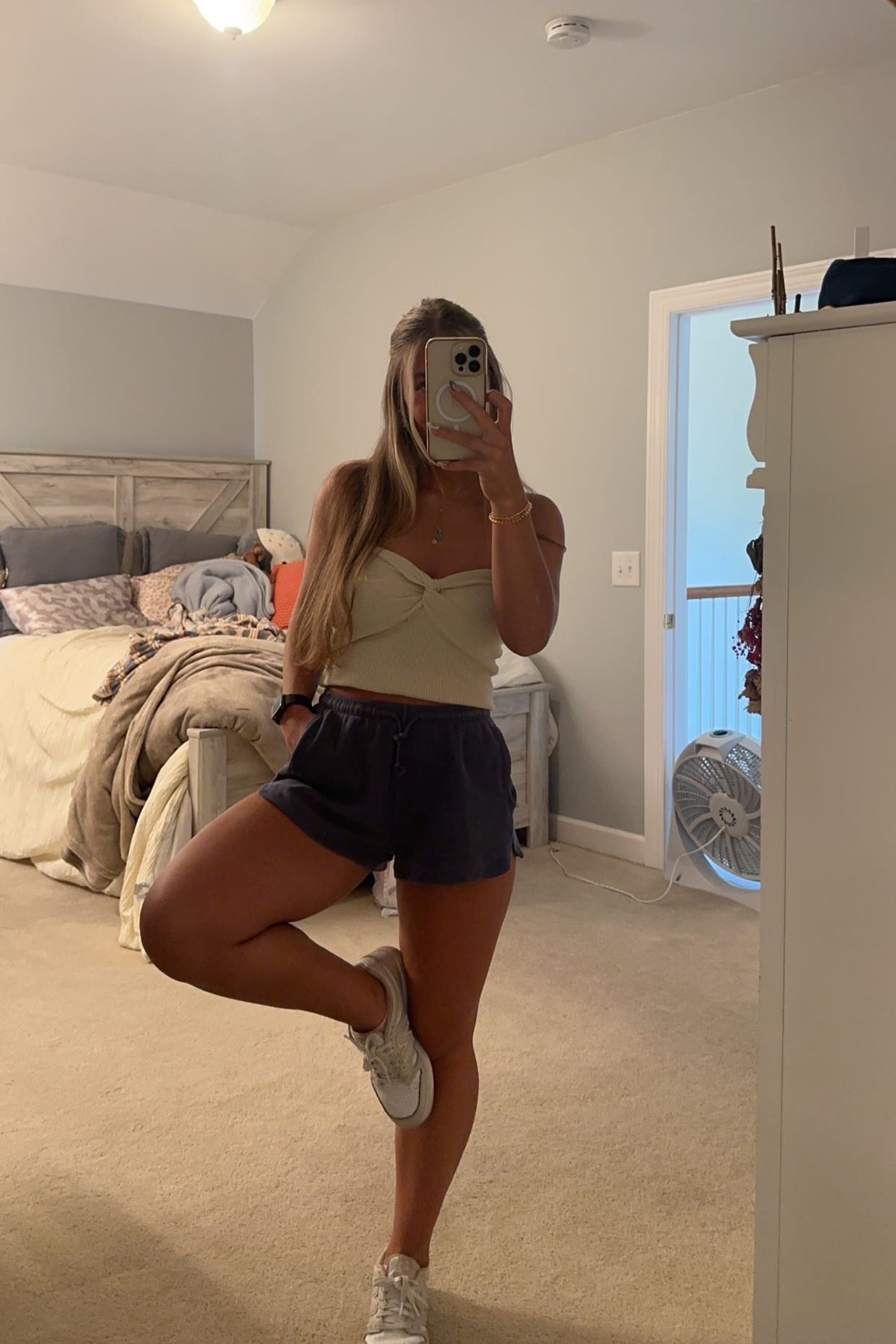 Summer shorts, strapless tops, sneakers