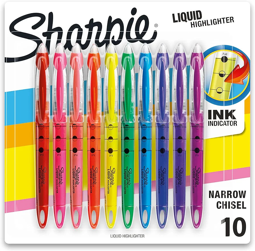 Sharpie Liquid Highlighter, Chisel Tip, Assorted Colors, Pack of 10, Visible Ink Supply, Ideal fo... | Amazon (US)