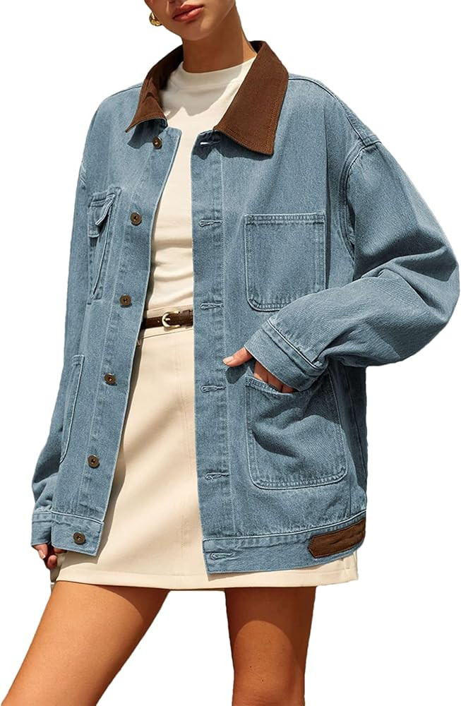 Zontroldy Women's Contrast Collar Denim Jacket Button Down Oversized Jean Shacket Jackets Coat wi... | Amazon (US)