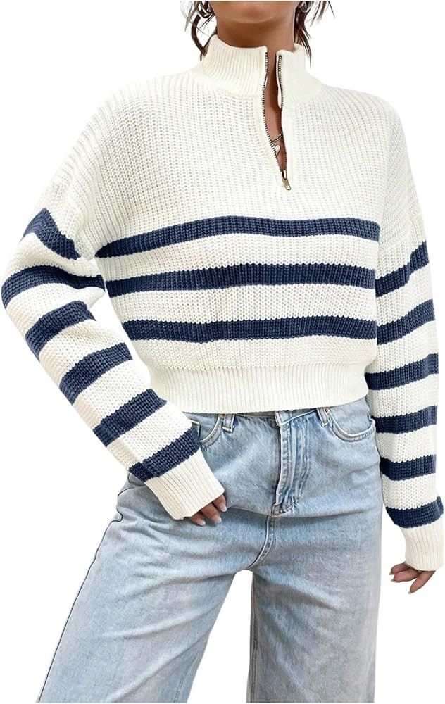 Verdusa Women's Half Zip Y2k Striped Crop Sweater Color Block High Neck Preppy Pullover Tops Stre... | Amazon (US)