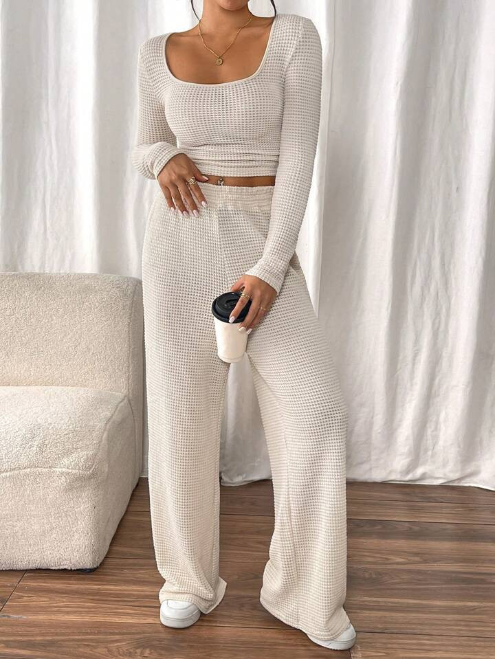 SHEIN Frenchy 2pcs/Set Women Solid Color Square Collar Long Sleeve Waffle Knit Top And Pants Casu... | SHEIN