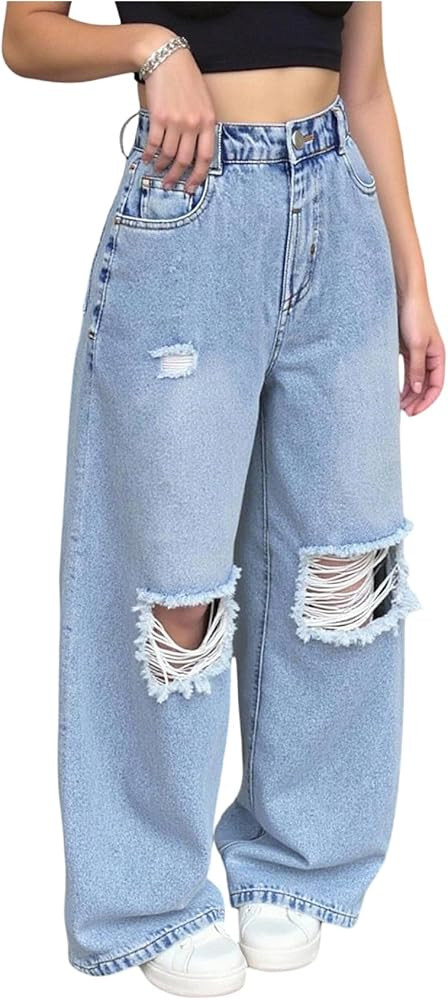 Milumia Girl's Ripped Baggy Jeans Distressed Straight Wide Leg Denim Pants Streetwear | Amazon (US)