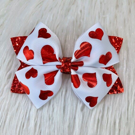 Red Hearts Glitter Hair Bow, Valentines Hair Clip, Red Hearts Baby Headband | Etsy (US)