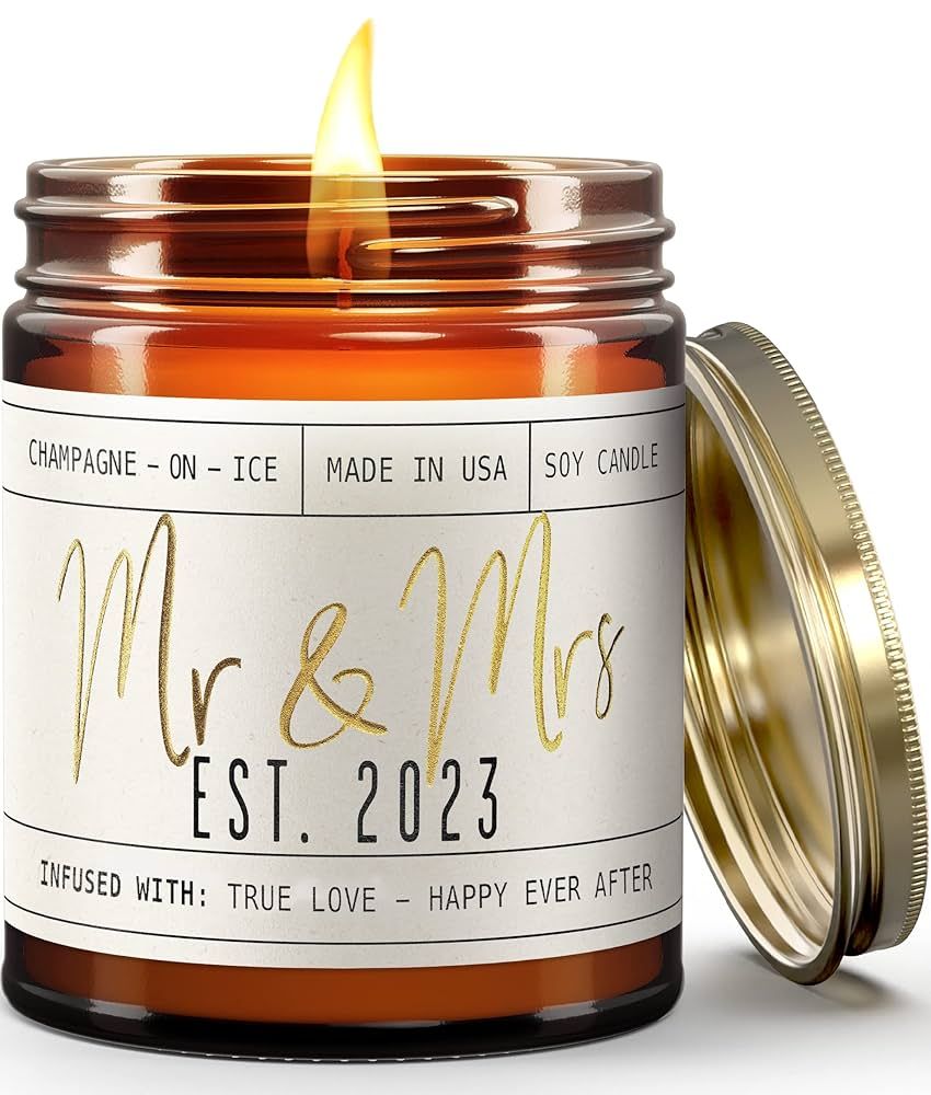 Wedding Gifts for Couples 2023, Mr and Mrs Gifts - 'Mr & Mrs Est. 2023' Candle, w/Champagne on Ic... | Amazon (US)