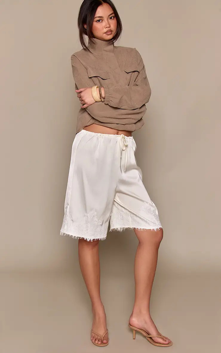 Chocolate PrettyLittleThing Satin Lace Detail Long Shorts | Boohoo | Boohoo.com (UK & IE)