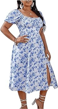 Floerns Women's Plus Size Floral Print Tie Front Square Neck Slit Hem Midi Dress | Amazon (US)