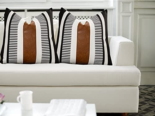 Vfuty Set of 2 Black White Boho Pillow Cover with Leather Modern Couch Pillow Covers 22x22 inch Farm | Amazon (US)