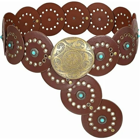 Western PU Leather Belt Women's Concho Cowgirl Round Disc Belt Women's Wide Bohemian Country Belt Dress | Walmart (US)