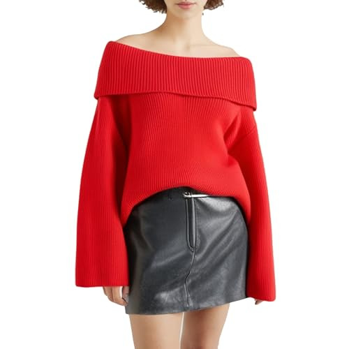RYNKOMA Women's Autumn Winter Knitted Off Shoulder Long-Sleeved Sweater Casual One-Shoulder Crew Neck Jumper Tops (Red,M,Medium) | Amazon (US)