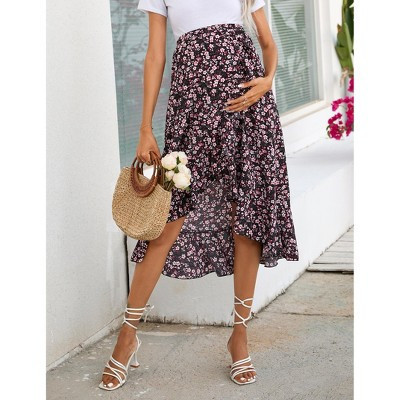 Women's Maternity Midi Skirt Pleated Elastic High Waist Summer Spring Boho Casual Ruffle Flowy Wrap Split Long Skirt Pink Black M | Target
