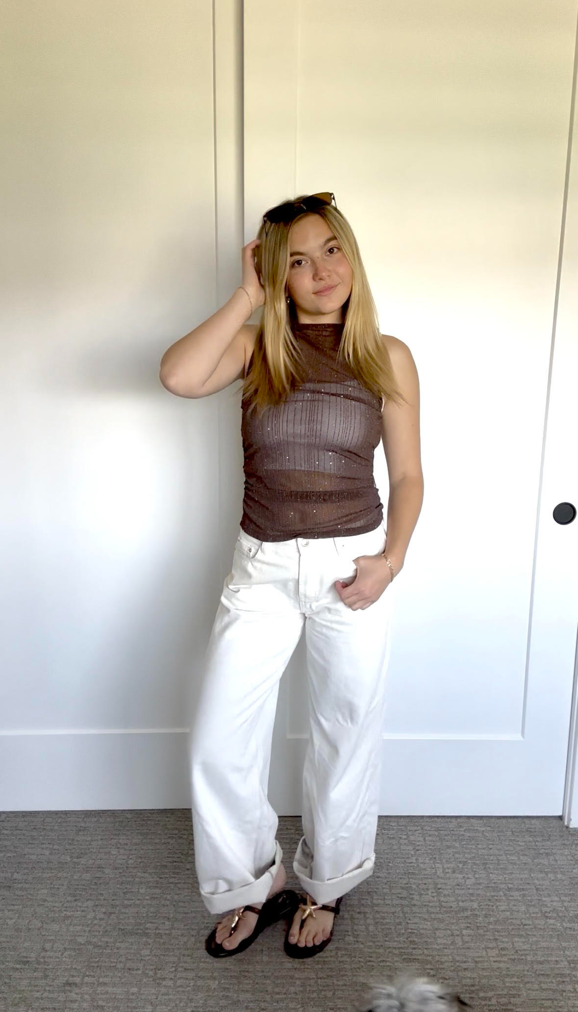 neutral summer outfit inspo from my collab with Windsor 🤎 obsessed with this effortless casual chic look featuring a sheer brown sleeveless top, white cuffed jeans, and black sandals — the perfect outfit for brunch, vacation, shopping days, college outfits, and everyday summer style ✨@windsor

shop the full look linked here on LTK for direct outfit links, sizing details, and more fashion finds!

#summeroutfit #neutraloutfit #outfitinspo #summerfashion #casualoutfit #collegefashion #clean girl aesthetic #fashioninspo #windsor #windsorstyle #whitejeansoutfit #minimalstyle #everydayoutfit #ltk #ltkfashion #shopmylook #trendyoutfits #casualchic #vacationoutfit #brunchoutfit #neutralstyle #ootd #styleinspo #beigeaesthetic #effortlessstyle

#LTKdayinmylife #LTKgrwm #LTKootd