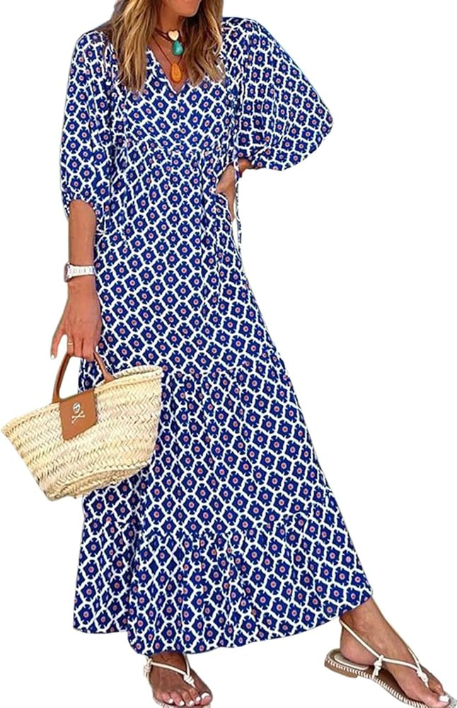 miduo Womens Loose Fit Casual Summer V Neck Half Sleeve Bohemian Geometric Pattern Maxi Long Dres... | Amazon (US)