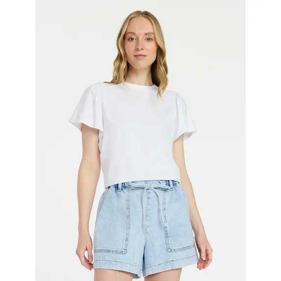 Time and Tru Women's Crewneck Top with Short Flutter Sleeves, Sizes XS-XXXL | Walmart (US)