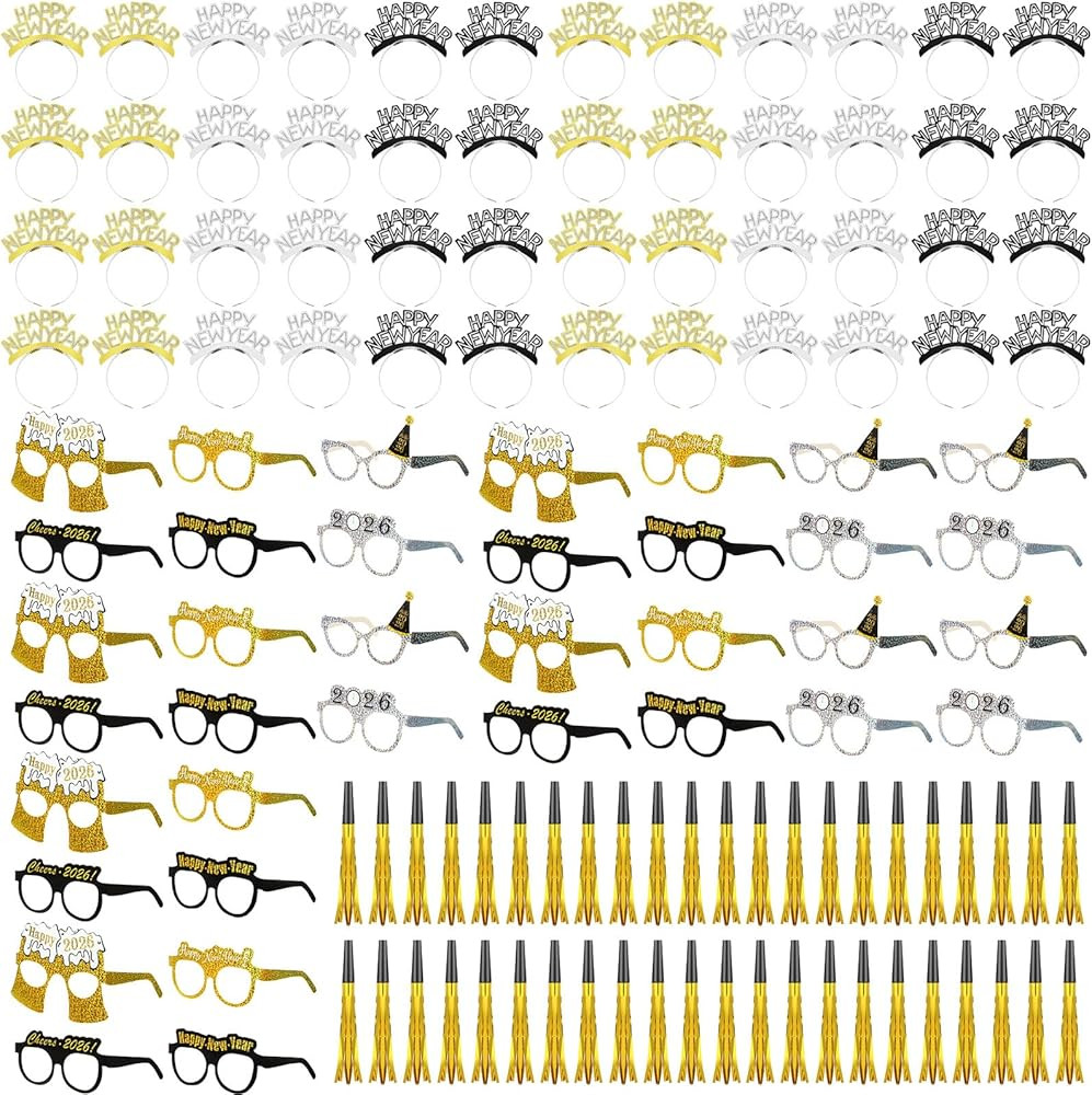 108 Pcs New Years Eve Party Supplies 2026 Fancy New Year Glasses Gold Noise Maker Headband NewYea... | Amazon (US)