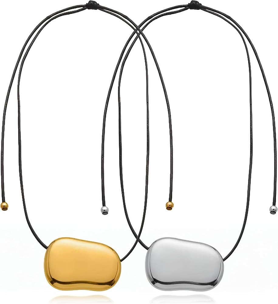 Gold Bean Pendant Necklace for Women, 316L Stainless Steel Bean Necklace on Leather Cord, Mirror-... | Amazon (US)
