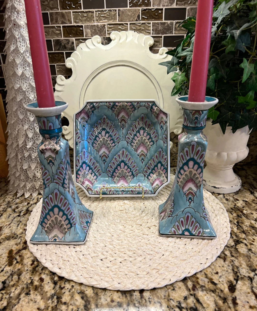 Vintage Flame Stitch Chinoiserie Candlesticks Set of 2 & Matching Plate ~ Blue Chinese Ceramic Ca... | Etsy (US)