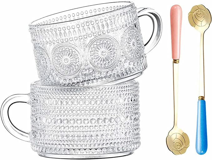 Luka Tech Large Glass Coffee Mugs Tea Cups,14 Oz Clear Embossed Glass Cups with Spoon Set of 2,Gl... | Amazon (US)