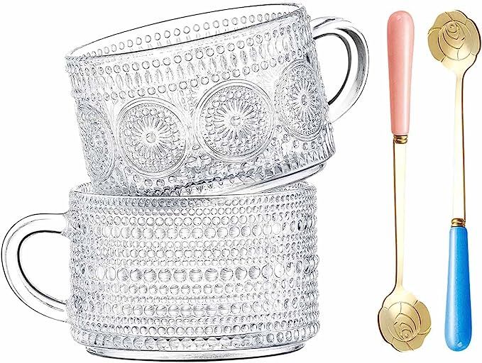 Luka Tech Large Glass Coffee Mugs Tea Cups,14 Oz Clear Embossed Glass Cups with Spoon Set of 2,Gl... | Amazon (US)