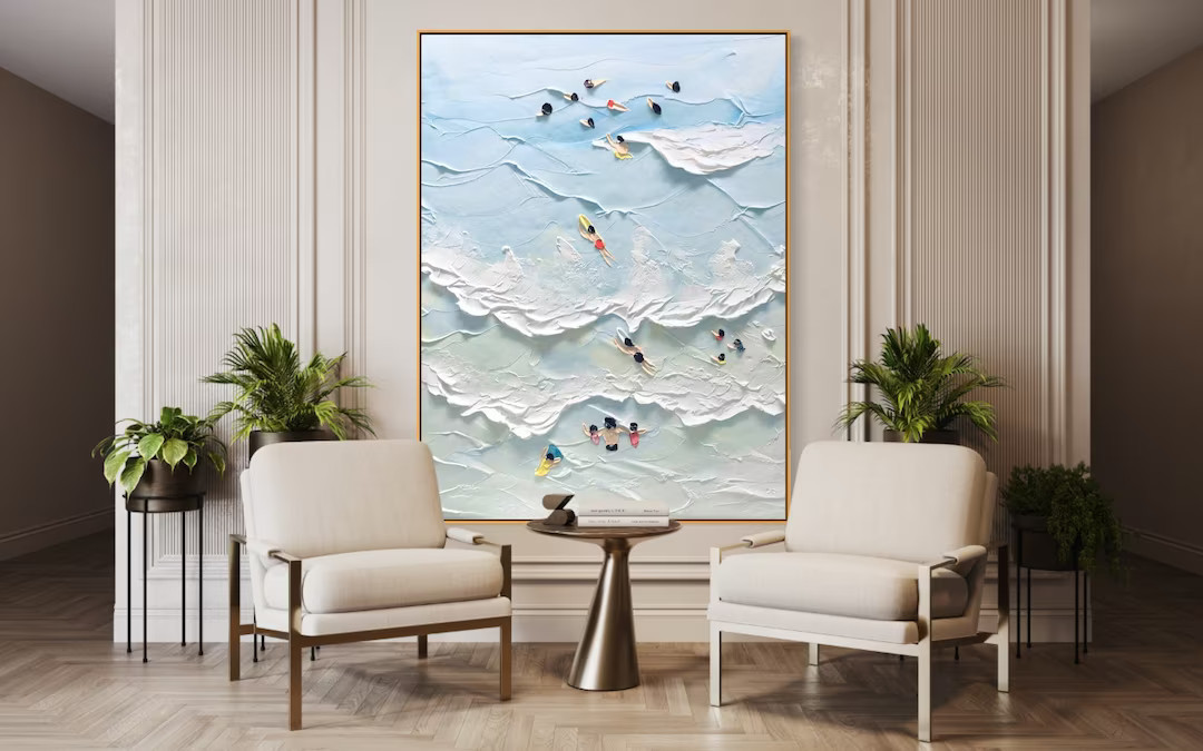 The Beach Joys Ocean Surfing Art Hand Painted Extra Large Heavy Textured 3D Minimalist Swimming  ... | Etsy (US)
