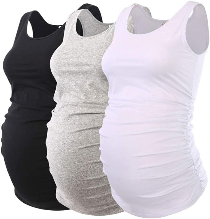 Ecavus 3PCS Womens Layering Maternity Tank Top Pregnancy Shirt Scoop Neck Sleeveless Ruched Vest | Amazon (US)