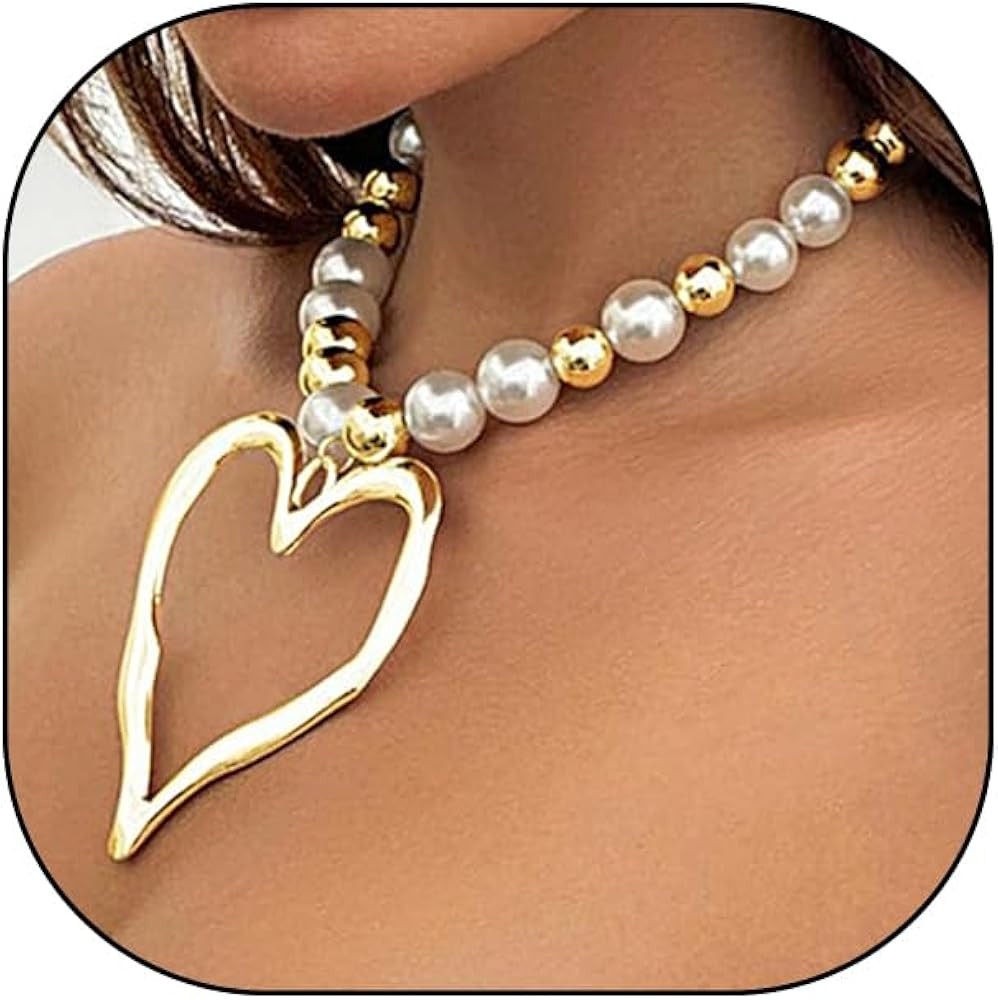 Chunky Pearl Heart Pendant Necklace for Women Her,Charming Hollow Love Pendant Big Bead Choker,Ae... | Amazon (US)