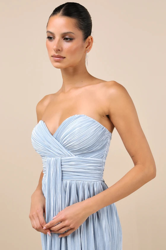 Oswin Light Blue Satin Plisse Strapless Maxi Dress | Lulus