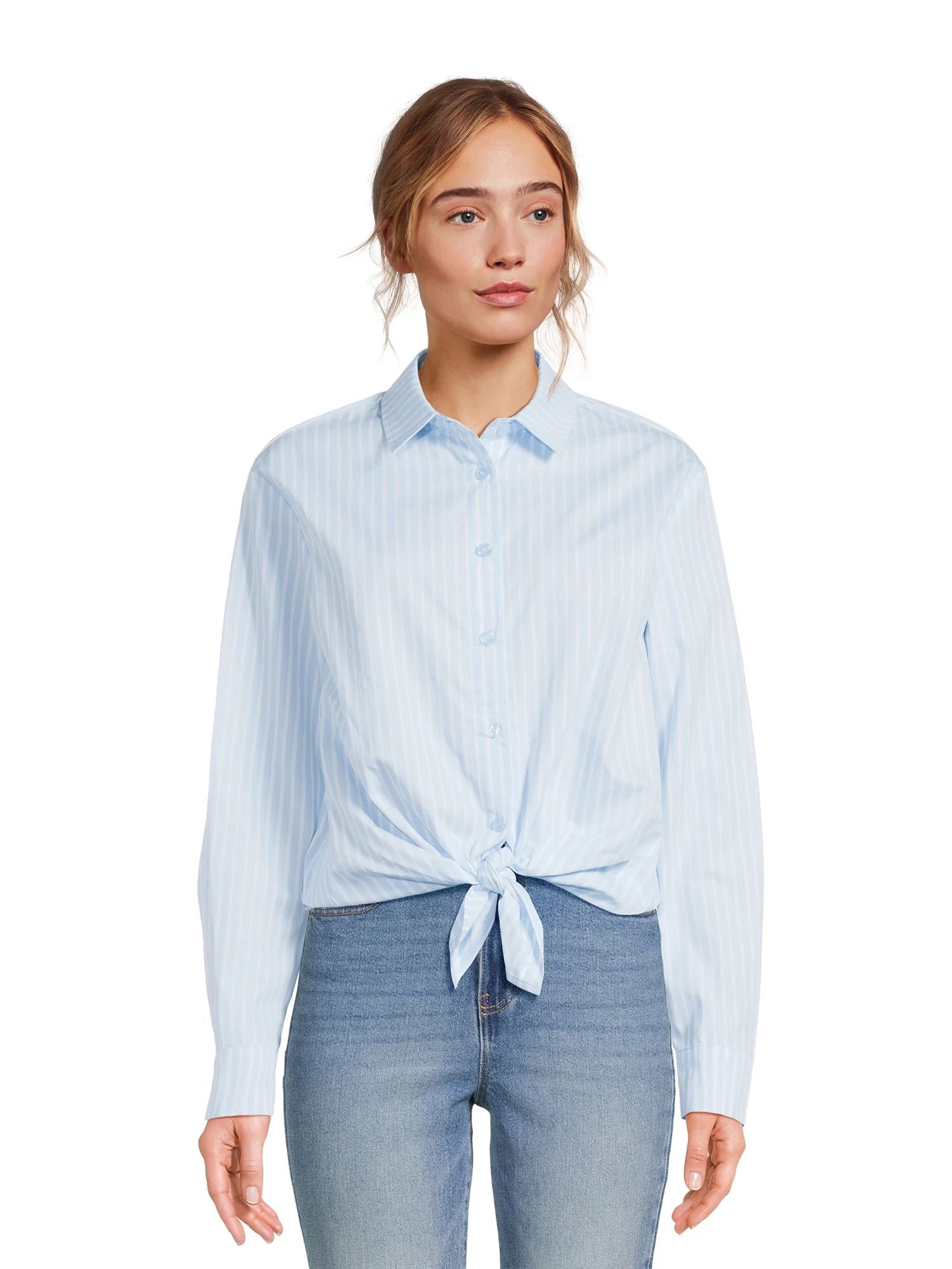 No Boundaries Juniors Poplin Shirt with Tie Front, Sizes XS-3XL | Walmart (US)
