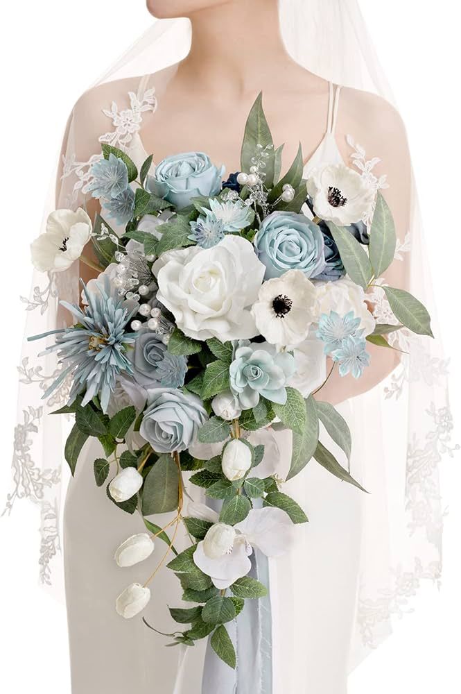Ling's Moment Blue Cascading Bridal Bouquet, 15 Inch Wedding Bouquets for Bride, Bridal Bouquet f... | Amazon (US)