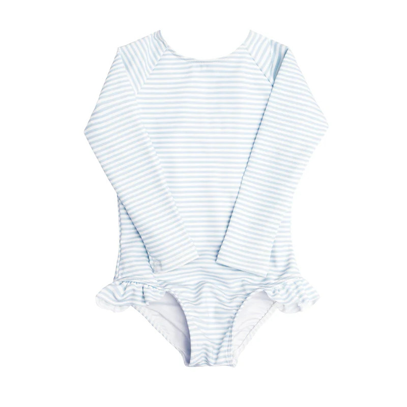 girls powder blue stripe rashguard one piece | minnow
