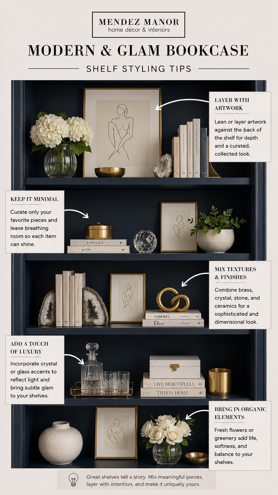 Modern glam bookcase shelf styling.

A few go-to pieces I always use when styling shelves:
• layered artwork or framed prints for depth
• decorative boxes + bowls to break up rows of books
• family photo frames to make it feel personal
• small trays for corralling decor pieces
• coffee table books to add height and texture
• greenery or faux stems for softness
• candle holders or rechargeable lamps for warmth
• sculptural objects to add interest and contrast

The key is mixing practical pieces with decorative ones so the shelves feel styled but still lived in 🤍

#LTKHome