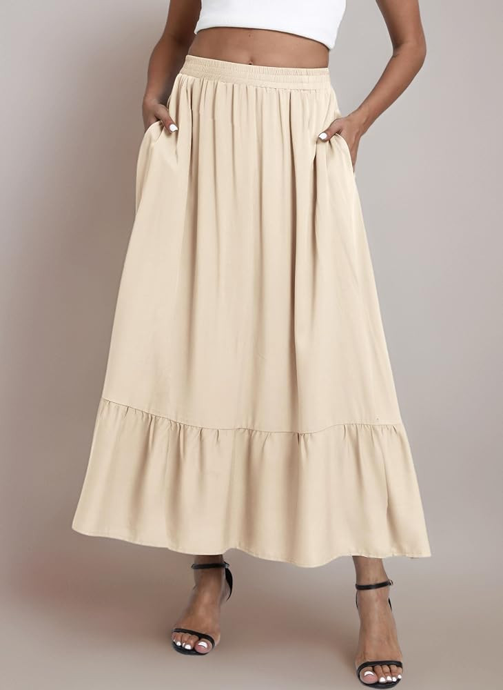 EXCHIC Damen Casual Boho Flie\u00dfend Elastische Taille A-Line Maxi Rock R\u00fcschen Swing Stra... | Amazon (DE)