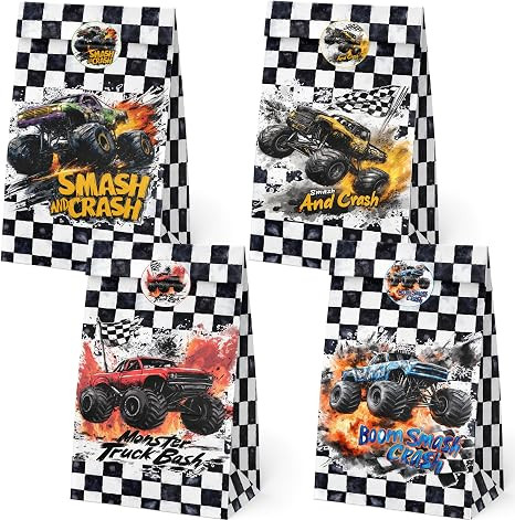 BonBeeDesign Monster Truck Party Favor Bags, 24 Pack Truck Goodie Bags with Stickers for Birthday... | Amazon (US)