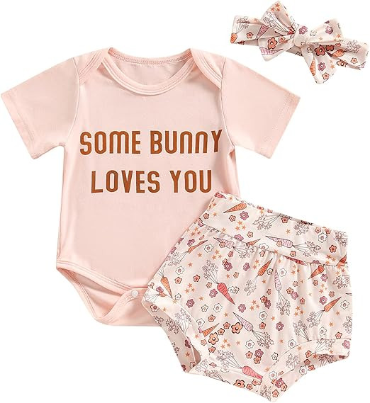 Easter Baby Girl Outfit - Some Bunny Loves You Short Sleeve Romper Bodysuit Carrot Short Baby Gir... | Amazon (US)