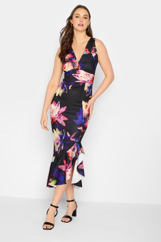 LTS Tall Black Floral Frill Midi Dress | Long Tall Sally