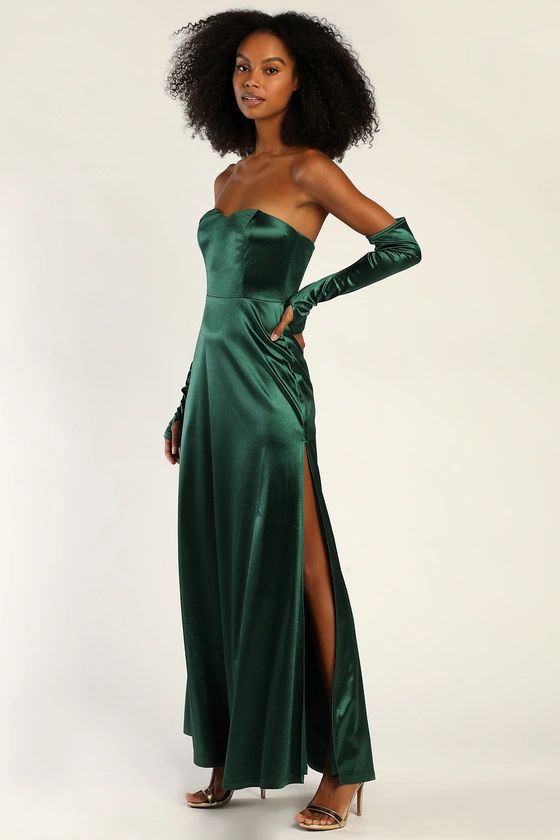 Elegant Nights Emerald Green Satin Strapless Maxi Dress & Gloves | Lulus (US)