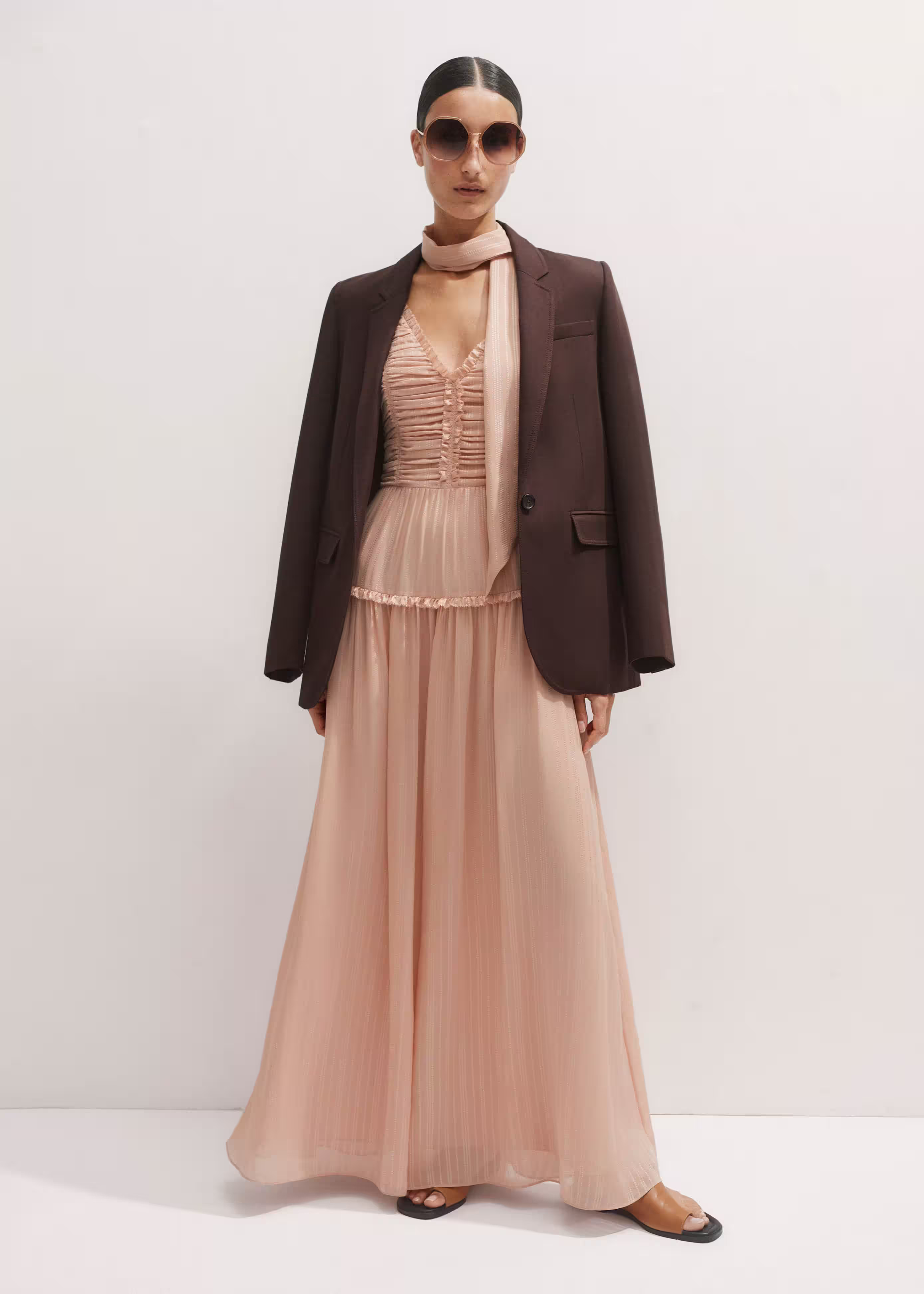 Women's Peach Textured Full-Length Dress + Tie | ME+EM | ME+EM Global (Excluding US)