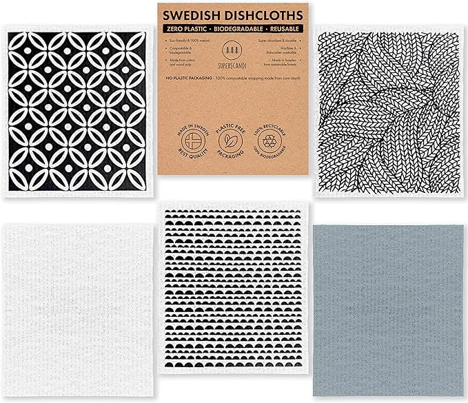 SUPERSCANDI 5 Pack Swedish Dishcloths for Kitchen - 100% Biodegradable & Compostable, Reusable Pa... | Amazon (US)