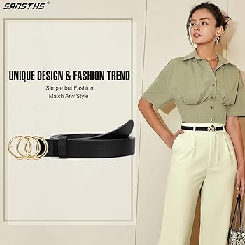 Double Ring Leather Belts for Women SANSTHS O-Style Gold Buckle Skinny Dress Belt 0.86 inch Width... | Amazon (US)