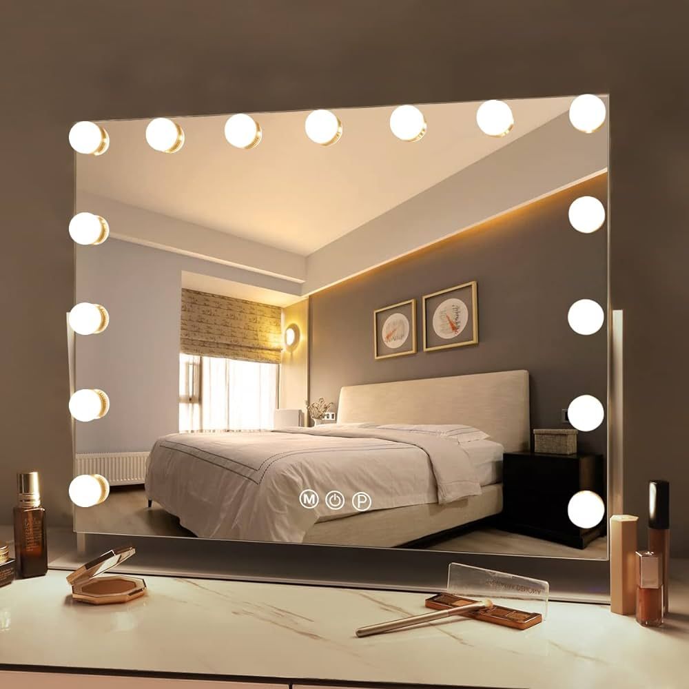 FENCHILIN Vanity Mirror with Lights, White Hollywood Lighted Makeup Mirror with 15 Dimmable LED B... | Amazon (US)