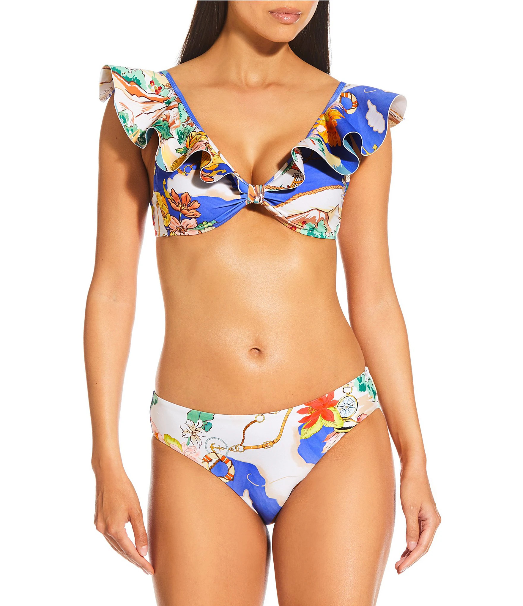 Antonio Melani Map V-Neck Bonded Ruffle Bralette Swim Top & Classic Hipster Swim Bottom | Dillard... | Dillard's