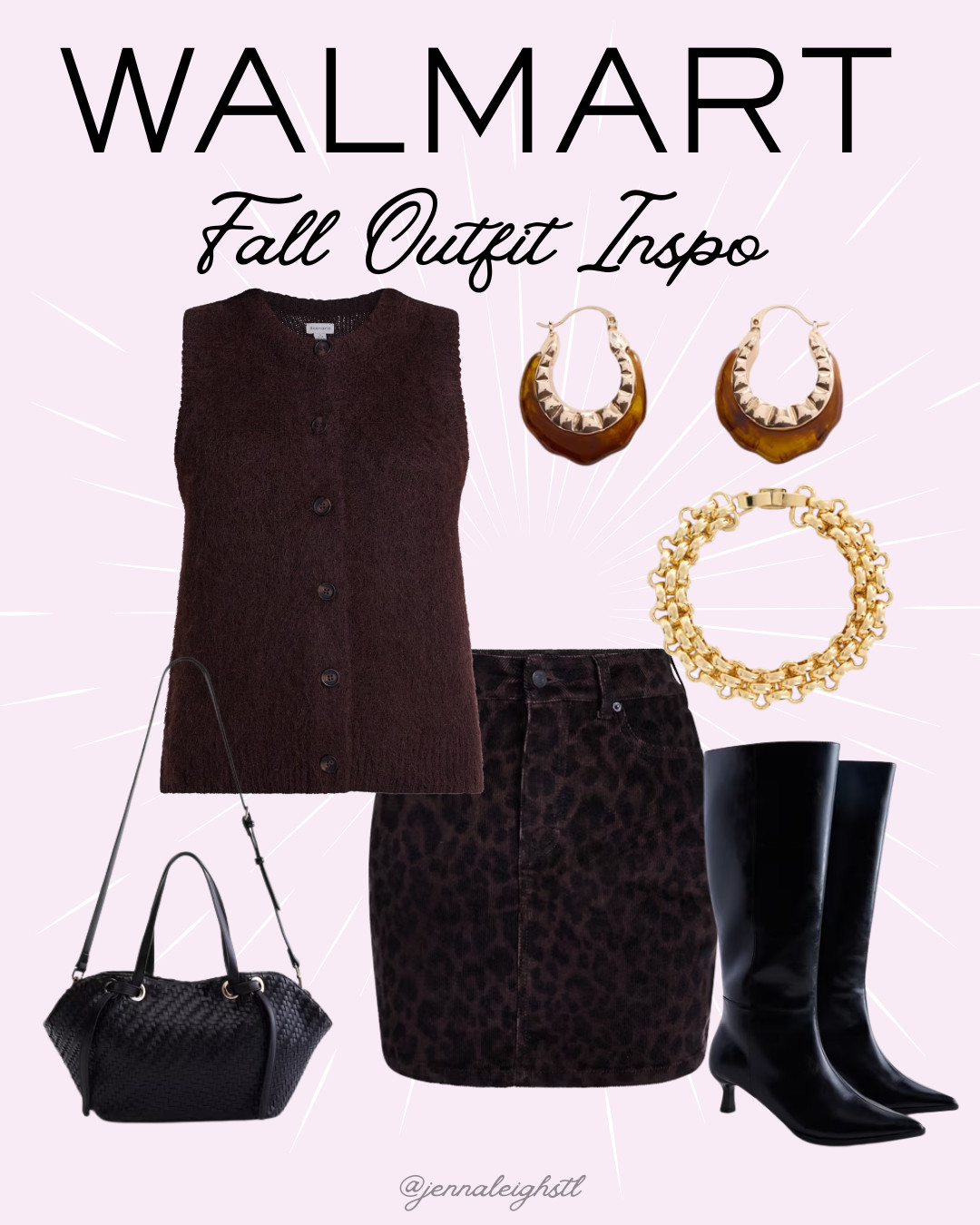 Fall outfit inspo from Walmart! 🍂 I’m loving this mix of a corduroy mini skirt, textured sweater vest, and tall kitten heel boots with gold accessories. Such a cute way to pull together an easy fall look! 

 #LTKootd #LTKMidsize #LTKWorkwear