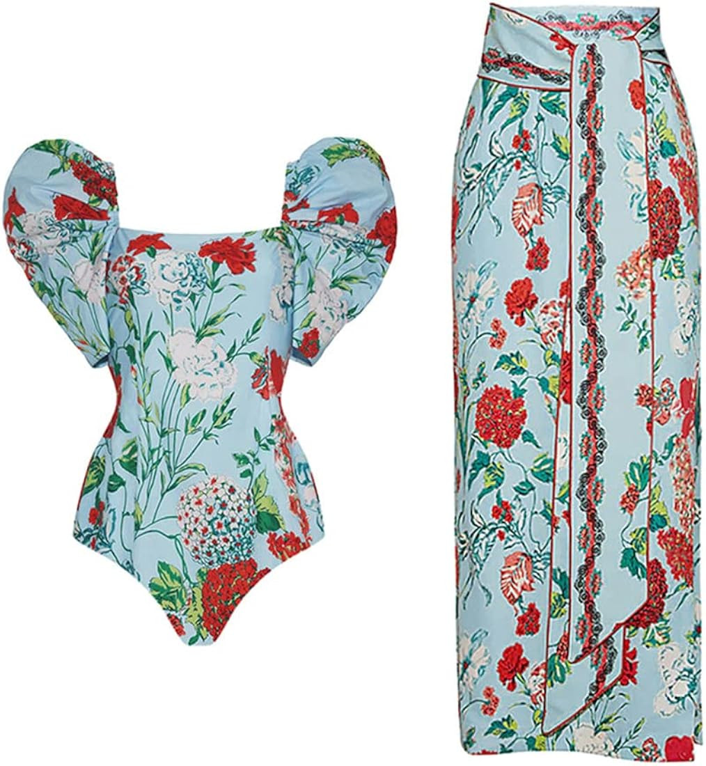 Women's Floral Bathing Suit with Sarong Cover up Wrap Skirt One Piece Swimsuit Swimwear Summer Be... | Amazon (US)