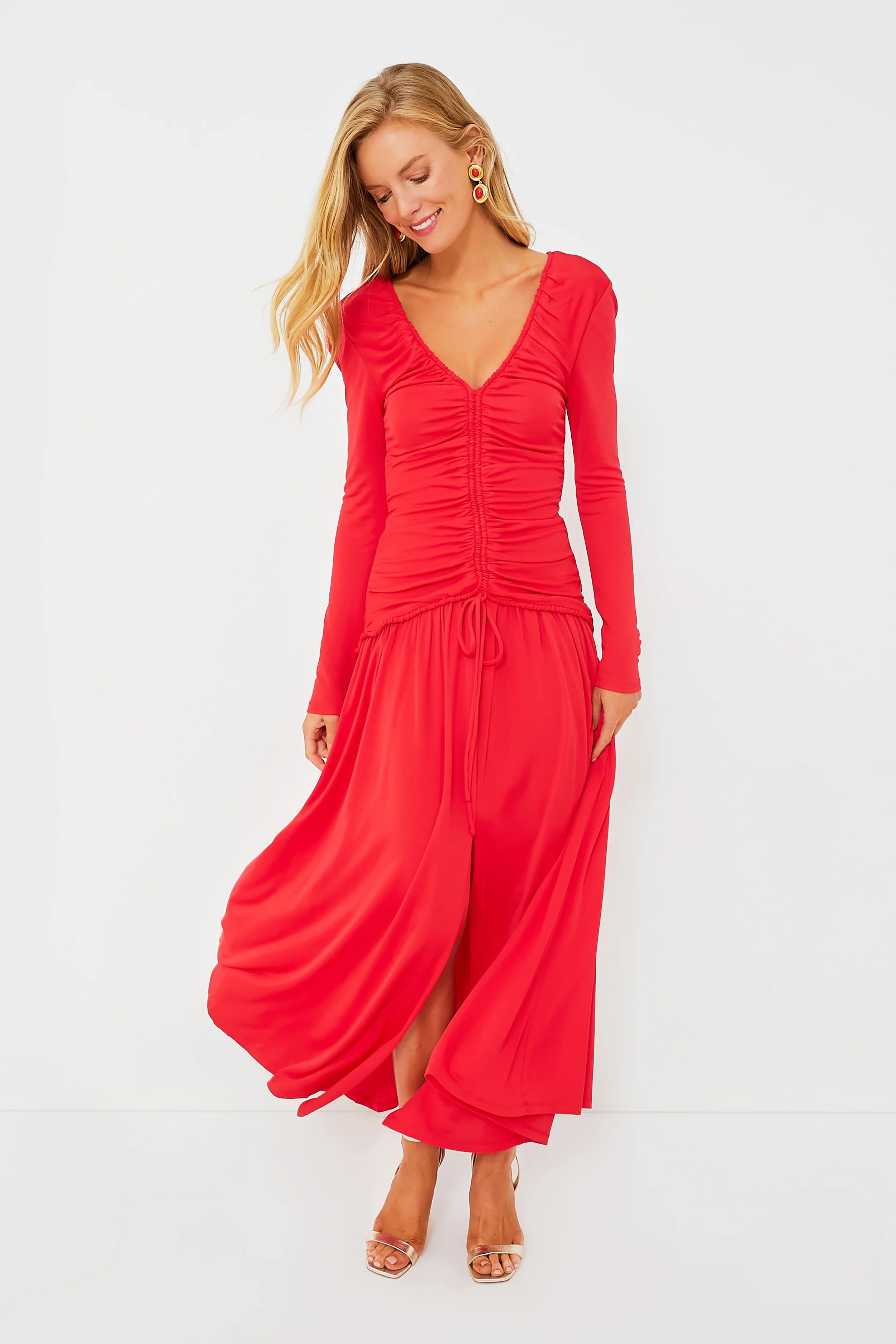 Red V Neck Long Sleeve Midi Dress | Tuckernuck (US)