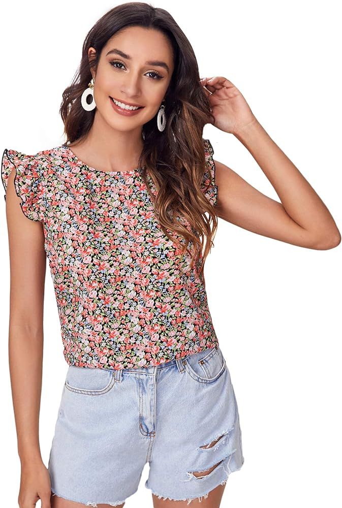 Floerns Women's Cute Ditsy Floral Print Frill Sleeve Blouse Top | Amazon (US)